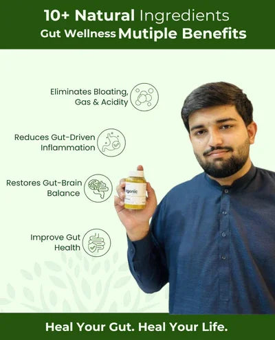 Man holding herbal gut supplement bottle, highlighting natural ingredients for bloating, acidity & gut health relief