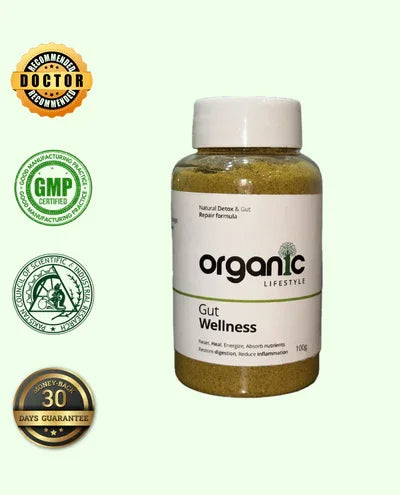 Organic Lifestyle Gut Wellness supplement bottle with herbal powder, GMP certified, doctor recommended, 30-day guarantee