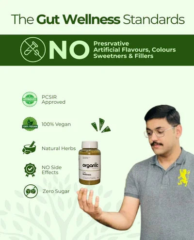 Organic gut wellness supplement with natural herbs, PCSIR approved, no preservatives or sugar, vegan formula