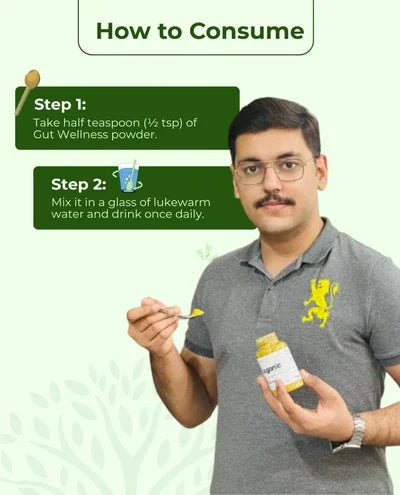 Man holding organic gut wellness powder bottle and spoon, demonstrating how to consume for digestive relief